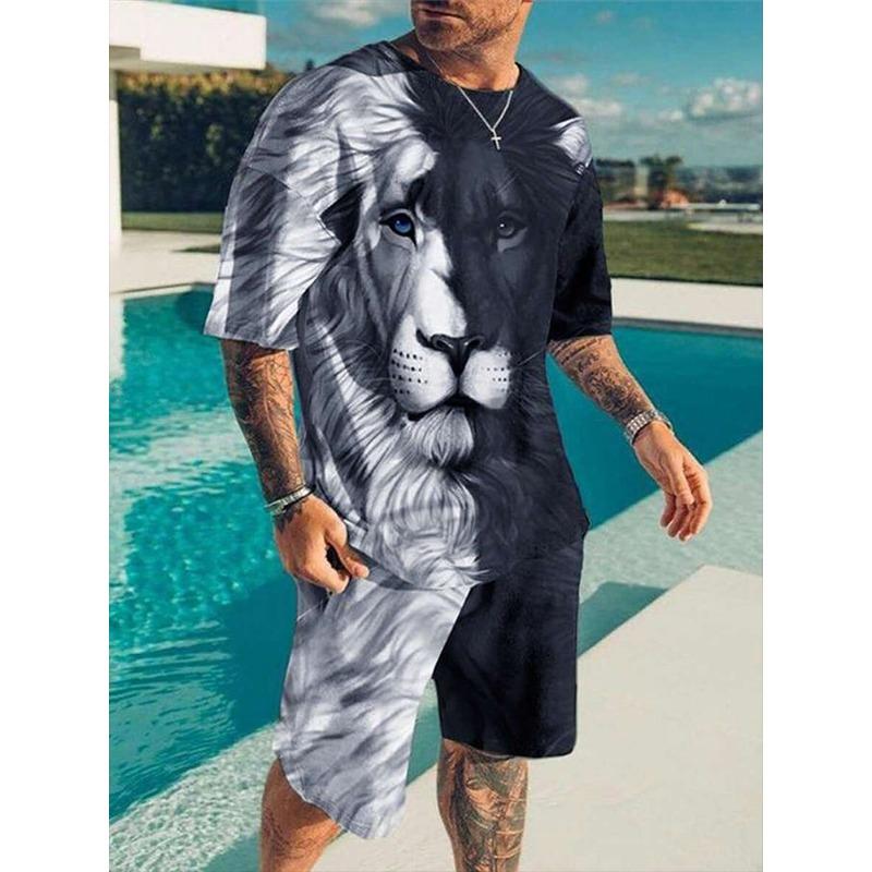 Tiger Print Men's T-shirt And Shorts Set Summer Street Fashion Men's Short-sleeved Top Everyday Casual Men's Sports Shorts
