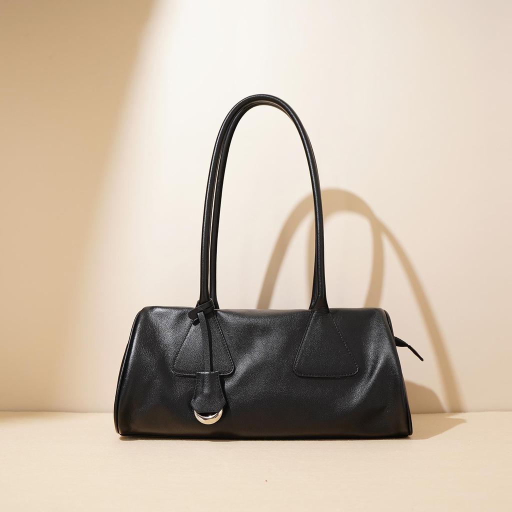 Women's Vintage Waxed Genuine Leather Underarm Bag, Long Cylinder Commuter Shoulder Bag, Baguette Pillow Handbag