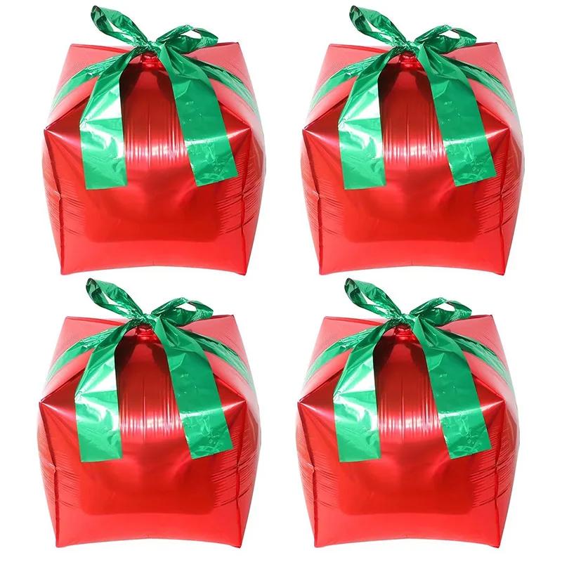 

4pcs 22Inch Christmas Gift Boxes Foil Balloons Xmas Decoration Party Christmas Present Air Globos 4D Cube Four sided Square CUBE&22inch