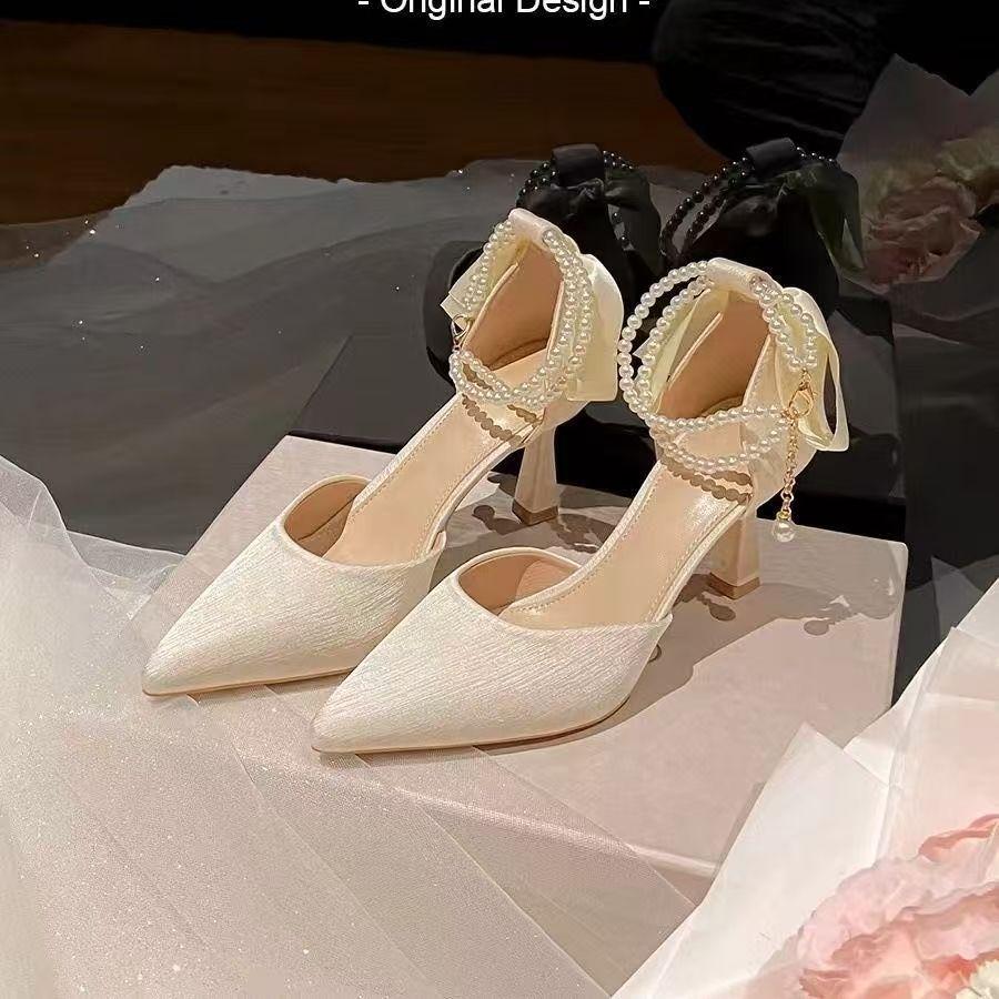 Slim Heel Fairy Style Bow Temperament Fashion Pearl Lace-up Pointed High Heels Sandals Women 2025 New Korean Version
