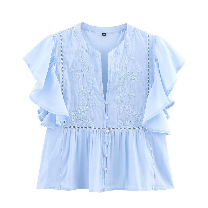 

Kaslead New Arrival Women s Fashion Style Laminated Decoration Lapel Short Sleeve Casual Shirt 8574023 406 Blue L