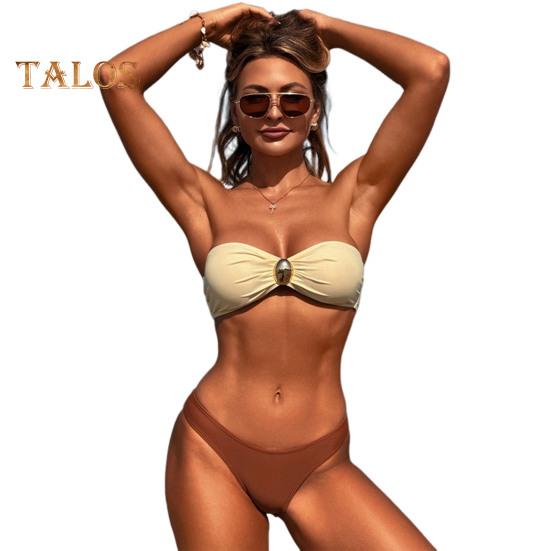 

2 шт./компл. женский купальник бандо с подкладкой без косточек бюстгальтер с высокой талией плавки комплект однотонный раздельный дизайн пляжная одежда S