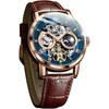 OLEVS Men's Mechanical Automatic & Manual Winding Leather Fashion Men's Watch Leather Skeleton Moon Phase Luminous Moon Waterproof Watch for Men Blue