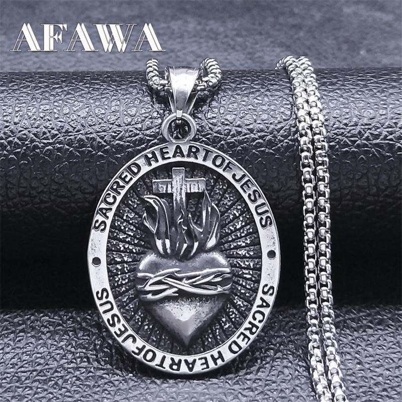 Vintage Sacred Heart of Jesus Cross God Necklace for Women Men Stainless Steel Church Chain Biker Punk Jewelry collar NZ447S02
