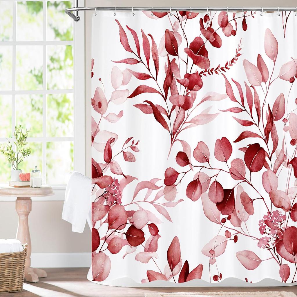 Pink Spring Floral Shower Curtain, Watercolor Eucalyptus & Botanical Plants, Modern Chic Bathroom Decor With Hooks