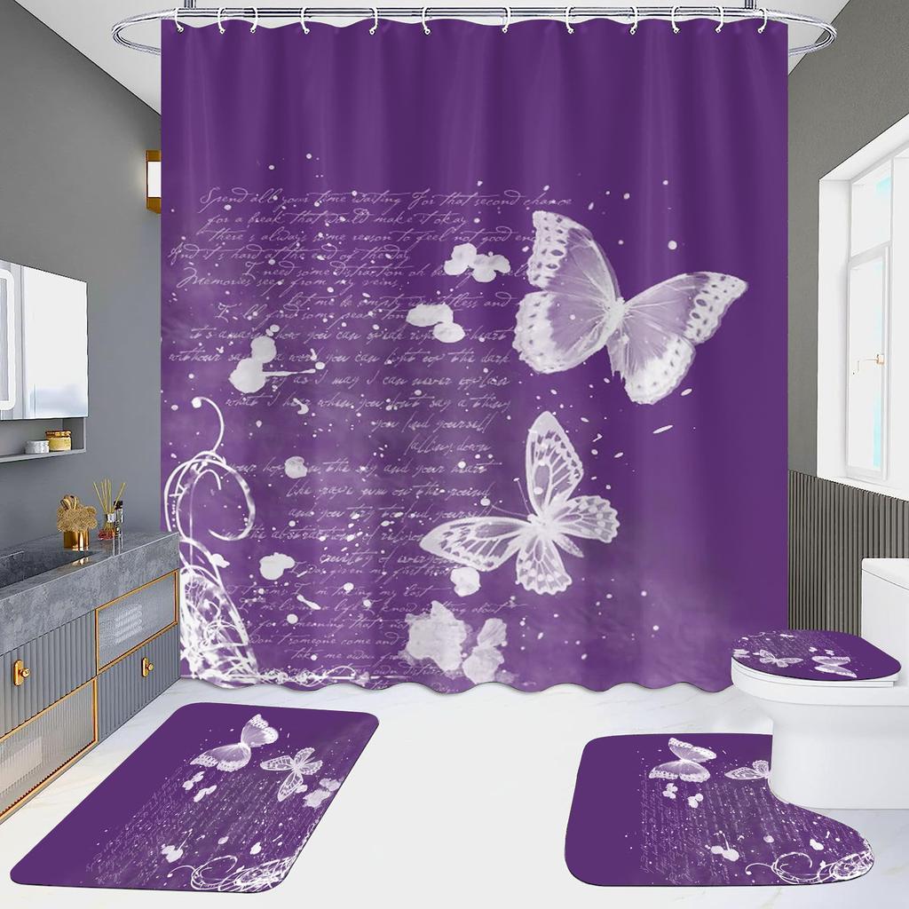 4-Piece Shower Curtain Set with HD Digital Printing | Waterproof, Drill-Free, Ideal for Home/Hotel Bathroom Partition