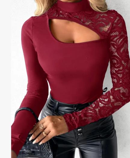 Women's Long Sleeve Top Turtleneck Sexy Streetwear Lace Patchwork Slim Fit T Shirt