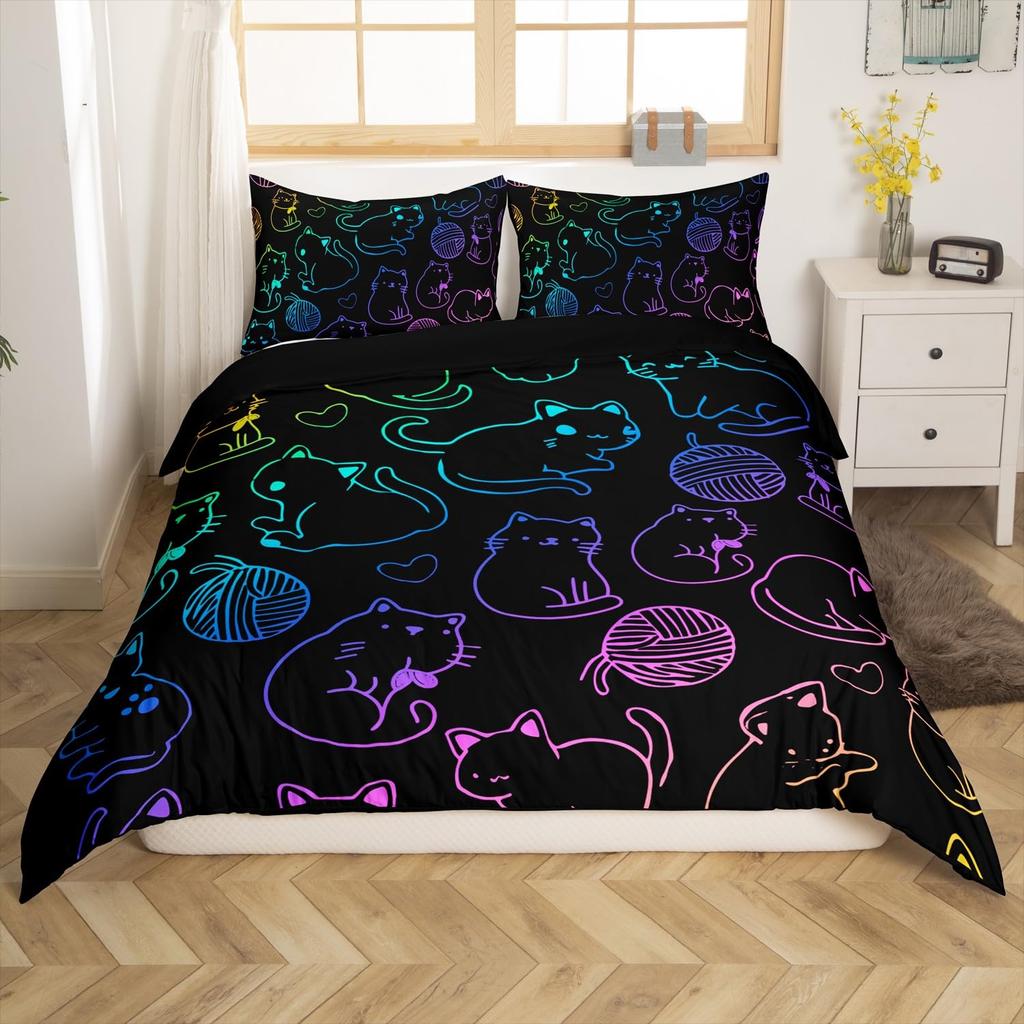 Black Cat Duvet Cover Set Gradient Line Cute Animal Bedding Set with Pillowcase Teens Kids Adults Room Decor Queen Duvet Covers
