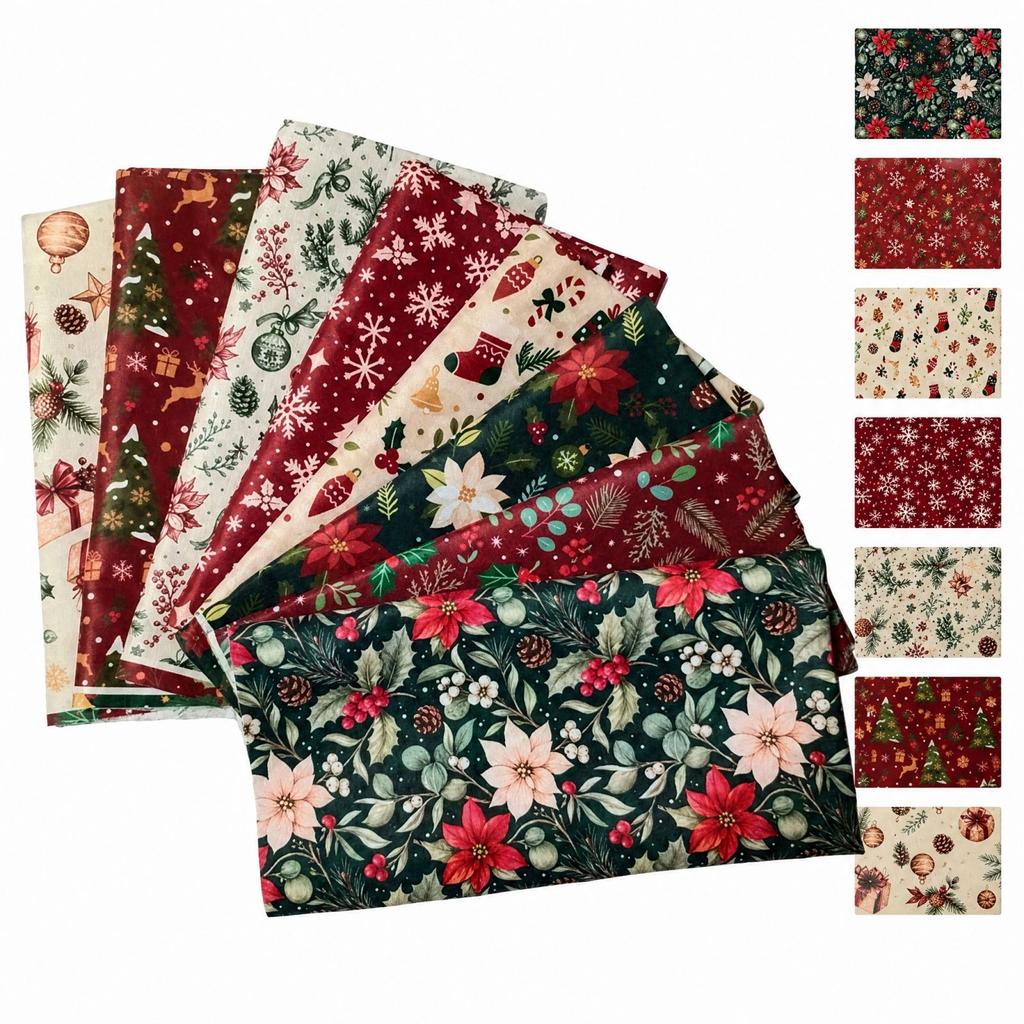 Christmas Tree and Christmas Floral Plaid Fabric for Patchwork and Sewing, Fabric Bundle