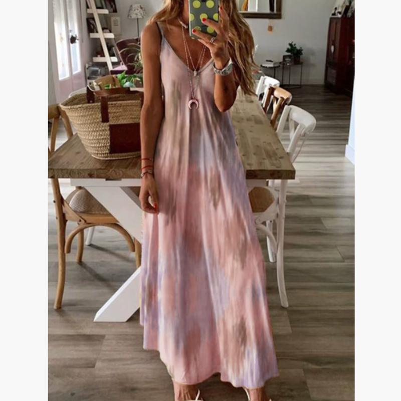 Jarní Letní Šaty Dámské Zelený Květinový potisk Dlouhé Šaty s výstřihem do V Ležérní Bohemský Dámské Bez rukávů Plážové Party šaty