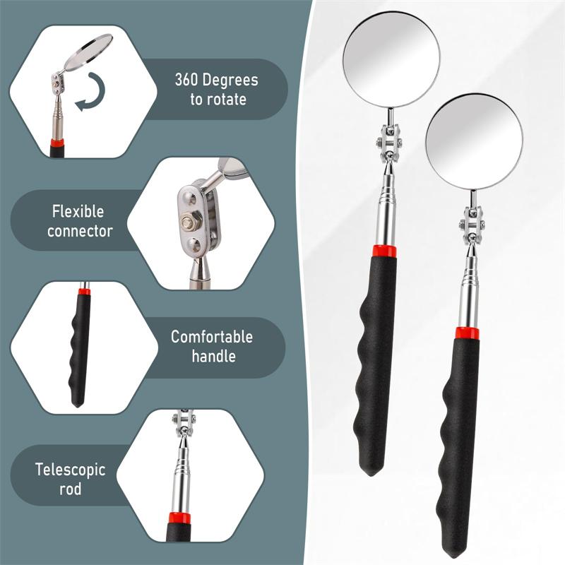360 Retractable Telescopic Inspection Detection Lens Round Mirror Silver Pocket Clip New Car Tools Extend 7-1/4" To 30" DIY TOOL