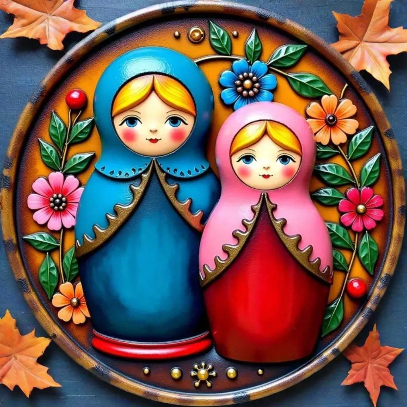 Vintage Russian Matryoshka Floral Round Metal Tin Sign Wall Decor разноцветный