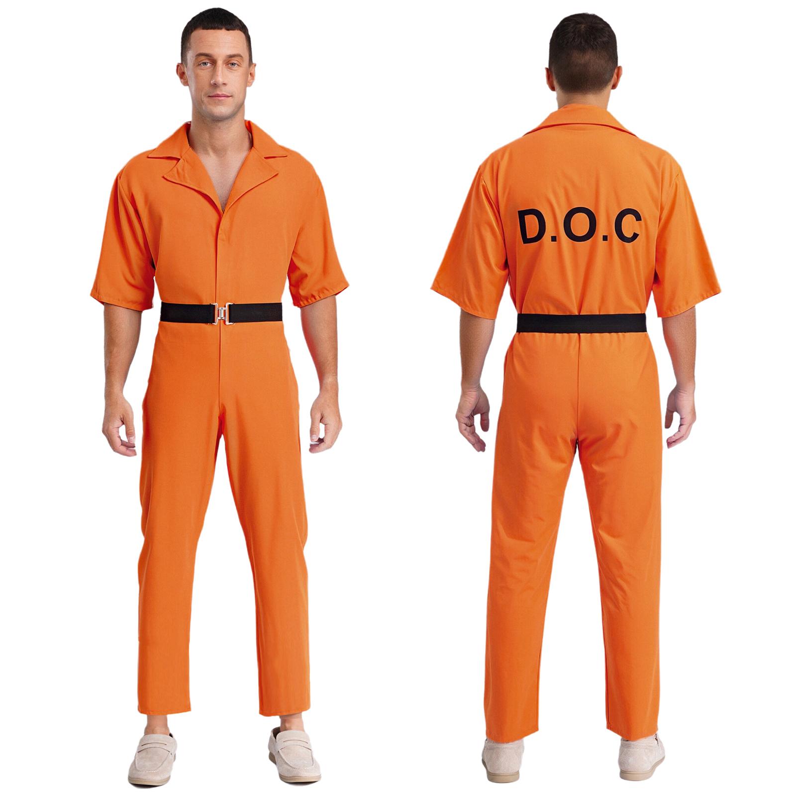 Unisex Adult Long Sleeve Lapel Prisoner Jumpsuit Jailbird Criminal Inmate Convict Uniform Halloween Theme Party Cosplay Costume M