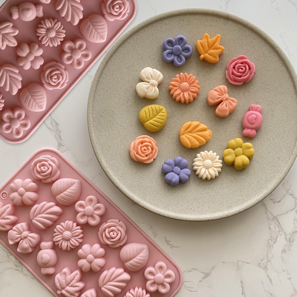 1-4PC 18-Cavity Flower Candy Silicone Mold Set Daisy Rose Leaf Bows Baking Mold For Cookies Chocolates Fondant Cake Flower Mold