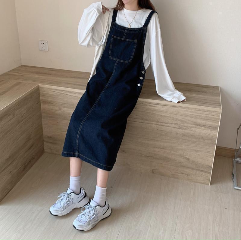 College Style Slimming Denim Jumper Dress - Korean Mid-Length, Casual & Versatile