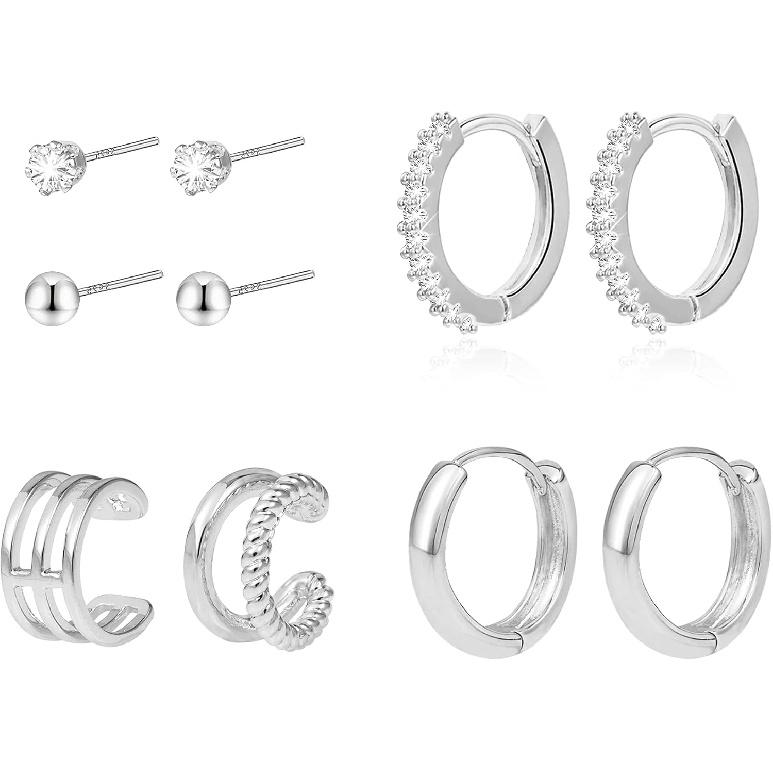 Stud Earrings for Women Hypoallergenic Sterling Silver Post Hoop and Studs Earrings Set for Multiple Piercing Small Ball Cubic Zirconia Earring Studs