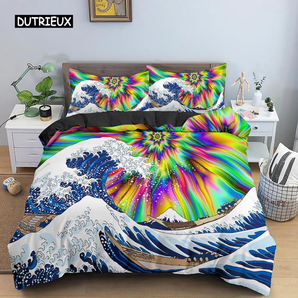 Wave Duvet Cover Set for Kids Teens Adult King Size Abstract Blue Ocean Comforter Cover Waves Sailing Moon Polyester Bedding Set