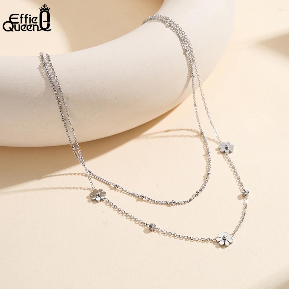 EFFIE QUEEN Stainless Steel CZ Flower Pendant Double-Layer Necklace Women's Unique Collarbone Chain Jewellery Creative STKN30