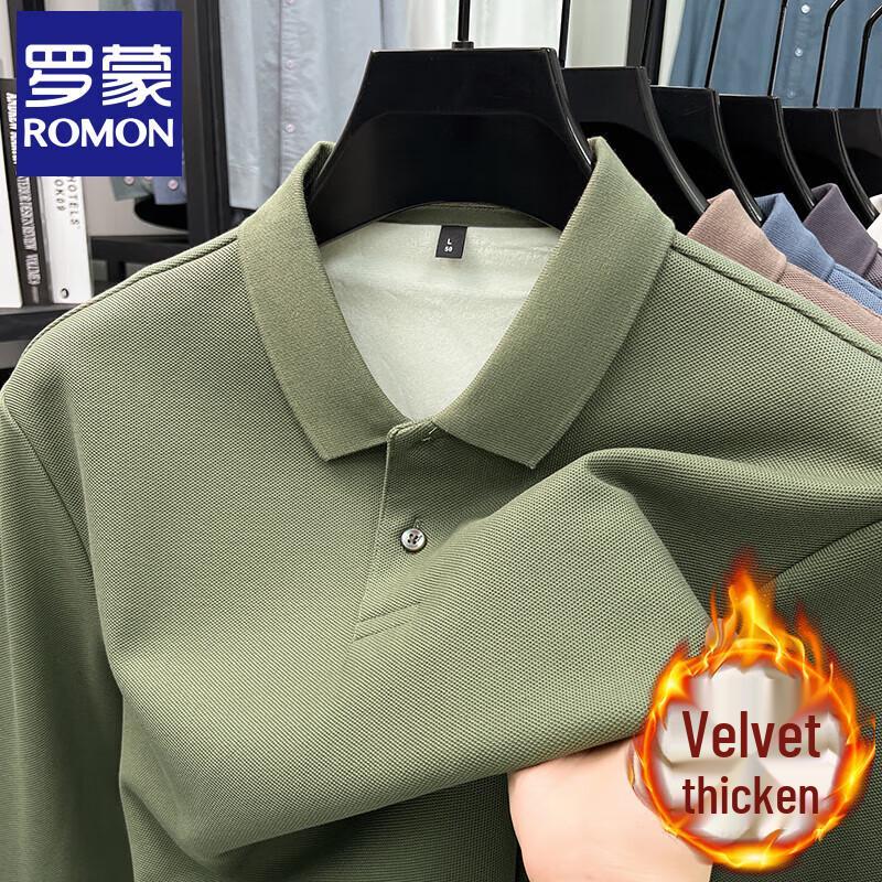 Romon Men's Fleece-Lined Cotton Long Sleeve Polo Shirt
