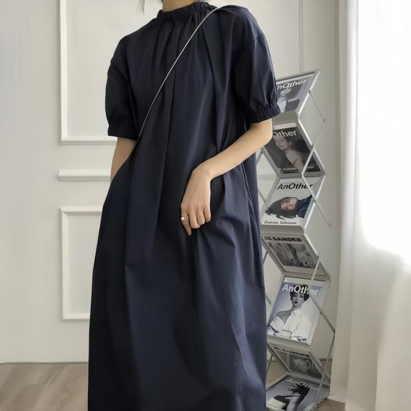 Japanese Loose Stand Collar Zipper Short Sleeve A-line Ankle-length Dress for Women - Spring Collection