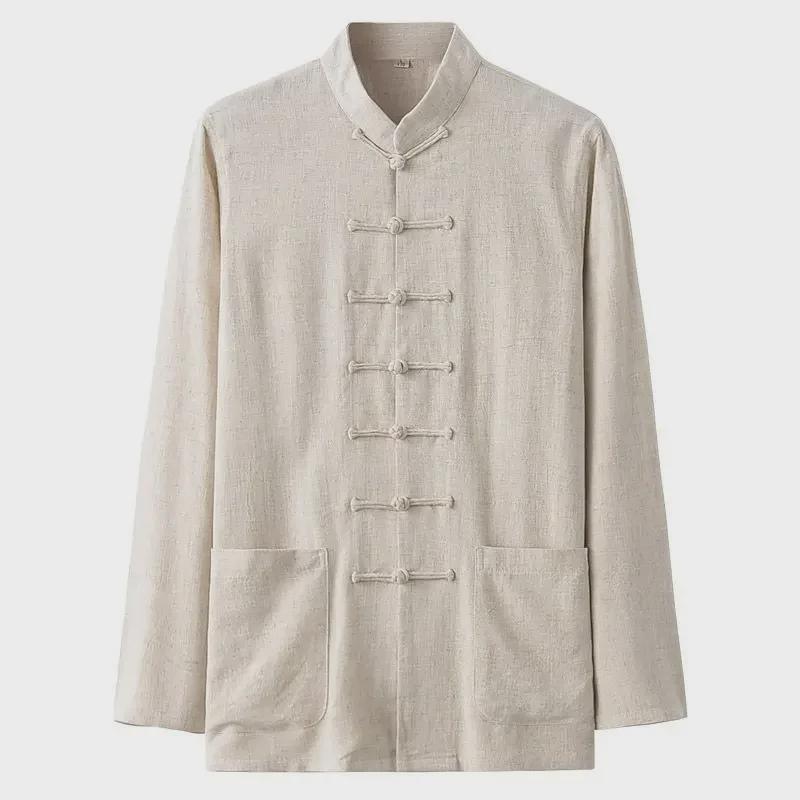 Herre Vår/Sommer Bambus Bomull Lin Tangdrakt Skjorte - Langermet, Casual Retro Kung Fu Tai Chi Stil