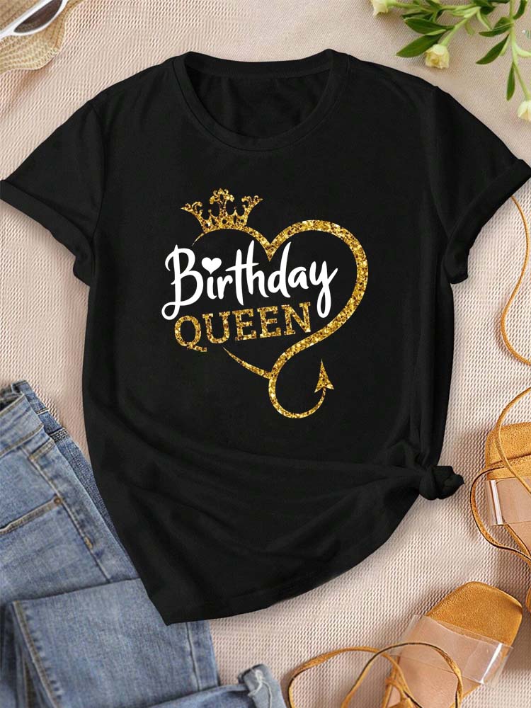 Summer Sleeves Crew Birthday for Girls Birthday Queen Graphic Print Summer Short Sleeved Harajuku Streetwear Tops Tees
