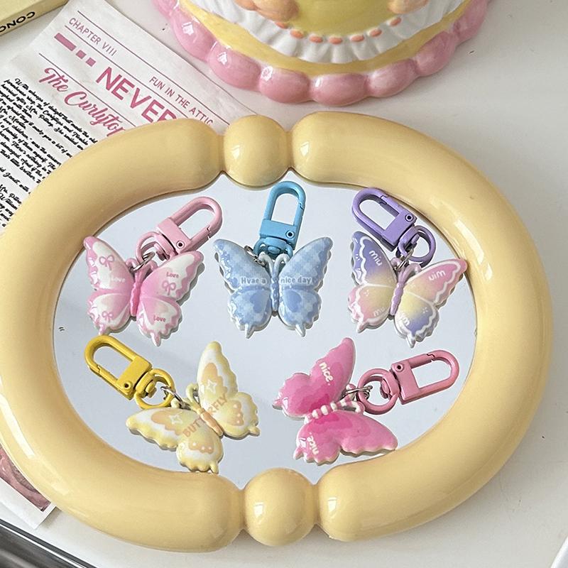 Colorful Butterfly With Colorful Letters Keychain Pendant Earphone Hanger Women Couple Keychain Bag Pendant Backpack Accessories
