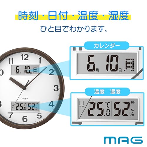 MAG (Mag) Wall Clock, Analog, Stylish, Interior Decor, Thermometer, Hygrometer, Calendar, Quiet, Continuous Second Hand, 29.0cm Diameter, Wood Grain F