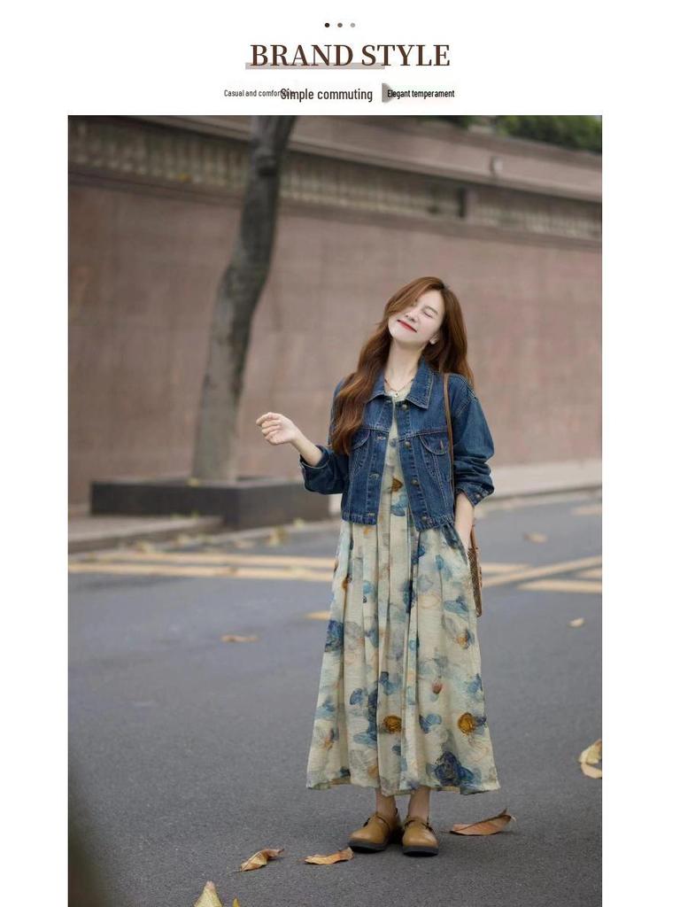 Spring 2025 Ink Print Dress & Denim Jacket Set - Age-Defying Fashion