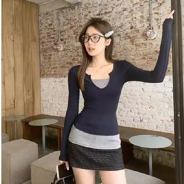 American New Retro Fake Two-piece Long-sleeved T-shirt Women's Spring and Autumn Design Sense Splicing Contrasting Color Slim-fitting