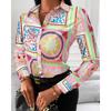 Women Fashion Wild Shirts Chain/Floral/Letter/Geometric Square Print Turn-Down Collar Long Sleeve Blouses