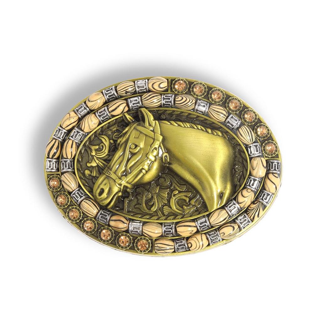 Western Belt Buckle for Men Cowboy Head Oval Buckle with Wood Grain Beads Vintage 10 x Gift [Rockyu] Hat/Boots/Horse Decoration, Alloy, Style, 7.4 cm,
