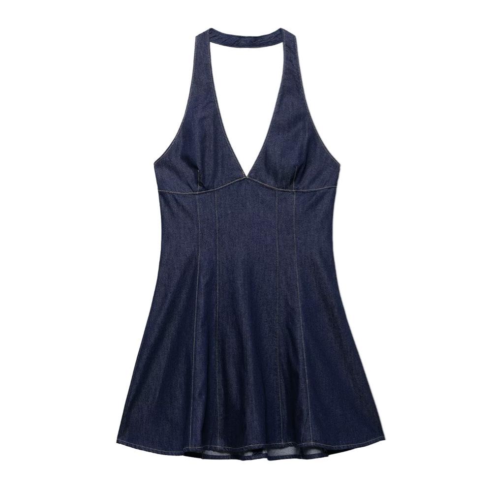 

2025 Spring/Summer Slim Fit Sexy Halter Backless Denim Dress S темно-синий