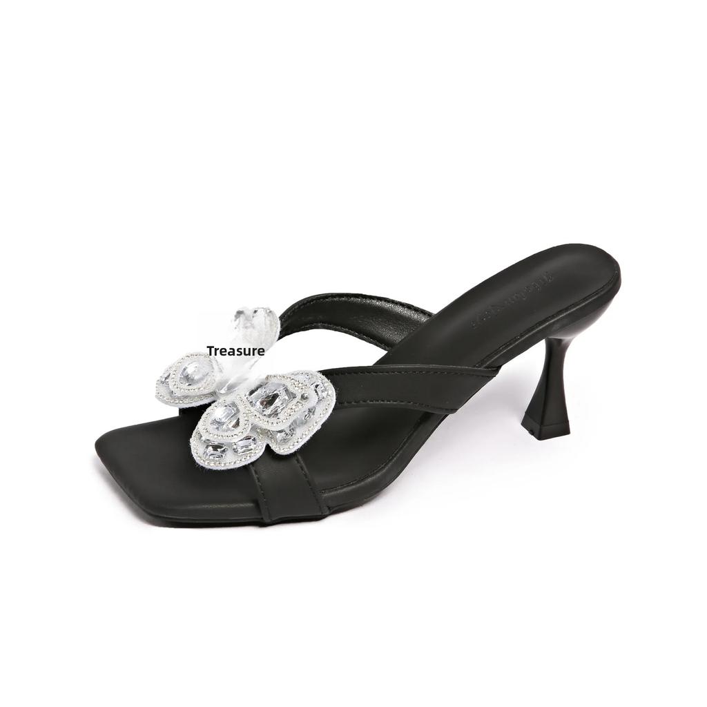 Fashionable Women's Summer Slippers Square Head Thin Heel Outdoor Wear PU Leather Rubber Bottom Ladies Slip-On Shoes