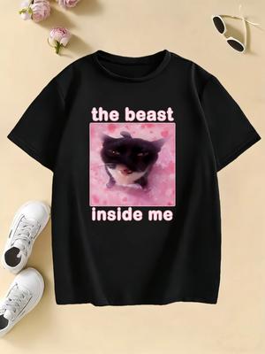 The Beast Inside Me Katzen Meme Druck T-Shirts Cartoon reine Baumwolle T-Shirt Unisex und Damen Sommer Frühling Freizeit Oberteil Tee