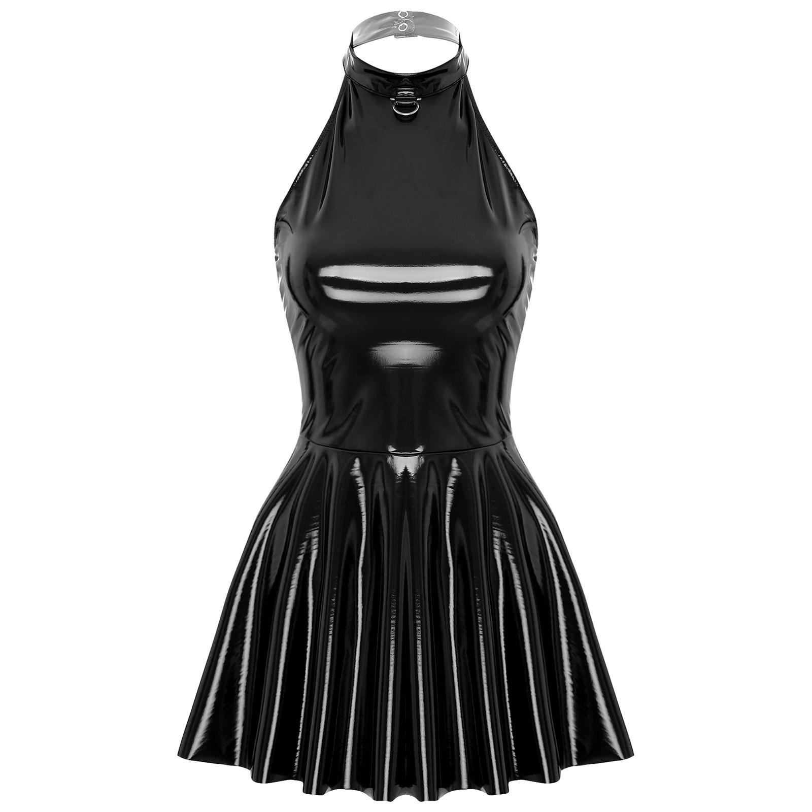 

Жіноча сукня з лакованої шкіри, халтер, без рукавів, спідниця-кльош, міні-довжини, для клубної вечірки XL чорний