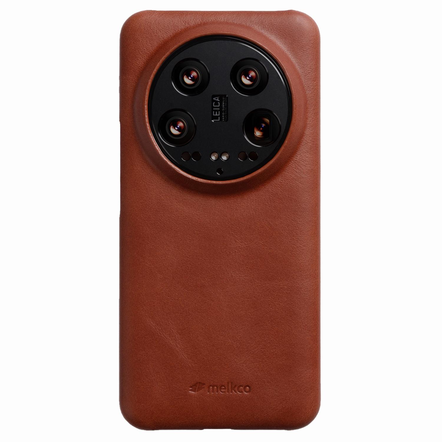 

MELKCO For Xiaomi 14 Ultra Case Waxy Genuine Cow Leather PC Phone Back Cover Brown