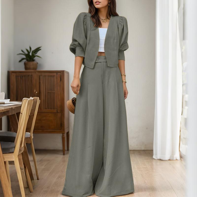 

ZANZEA Женский кардиган с длинным рукавом, блузка и брюки с широкими штанинами, костюм-двойка S серый