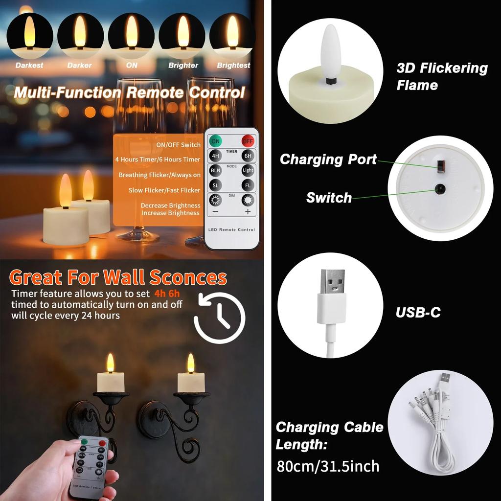 6/12Pack Rechargeable Flameless Candles Flickering LED Tea Light Candles 3D Wick Battery Operated  Electronic Candle Lamp