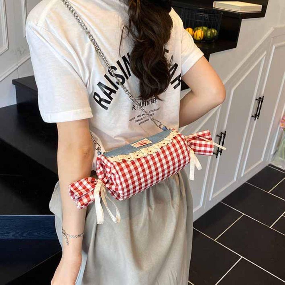 

Cherry Red Plaid Crossbody Bag Metal Chain Denim Lace Shoulder Bag Casual Candy Shape Bag Women червоний