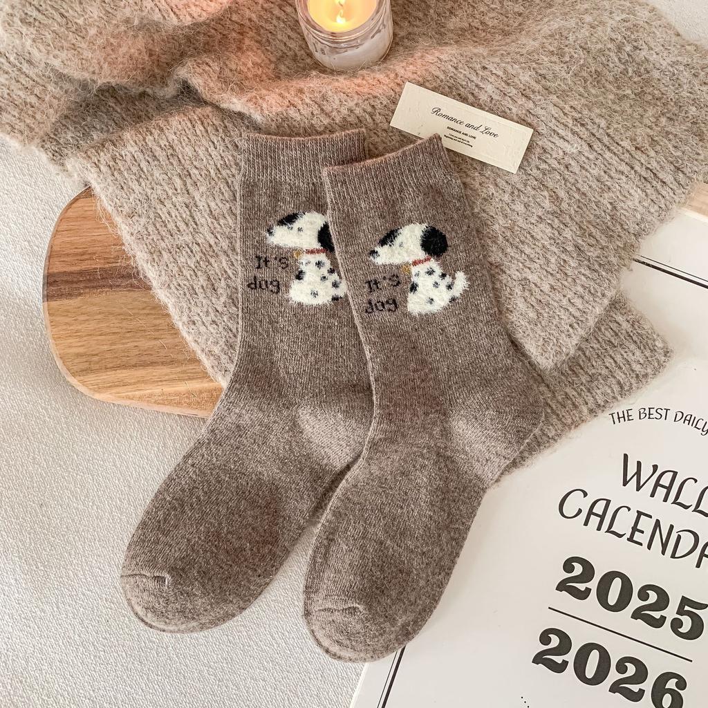 Female Autumn and Winter Thickened Warm Cartoon Cute Dog Wool Tube Pile Socks