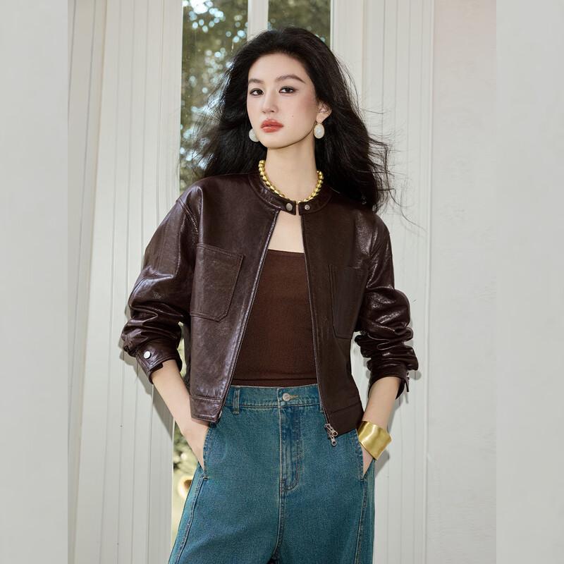 Bailuyu Motorcycle Style Genuine Leather Short Jacket