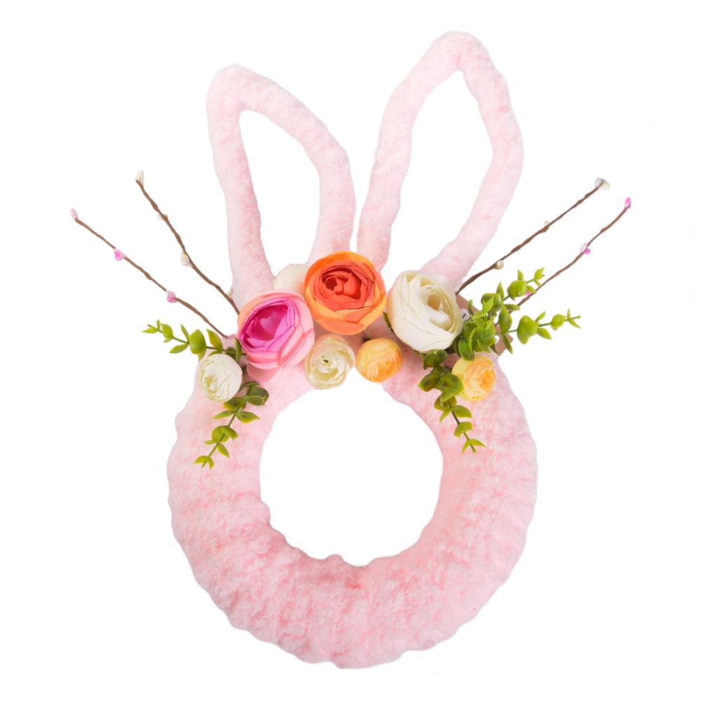 Easter Bunny Wreath for Front Door Yarn Wrap Rabbit Shaped Wreath with Artificial Flowers for Spring Porch Wall Window Decor
