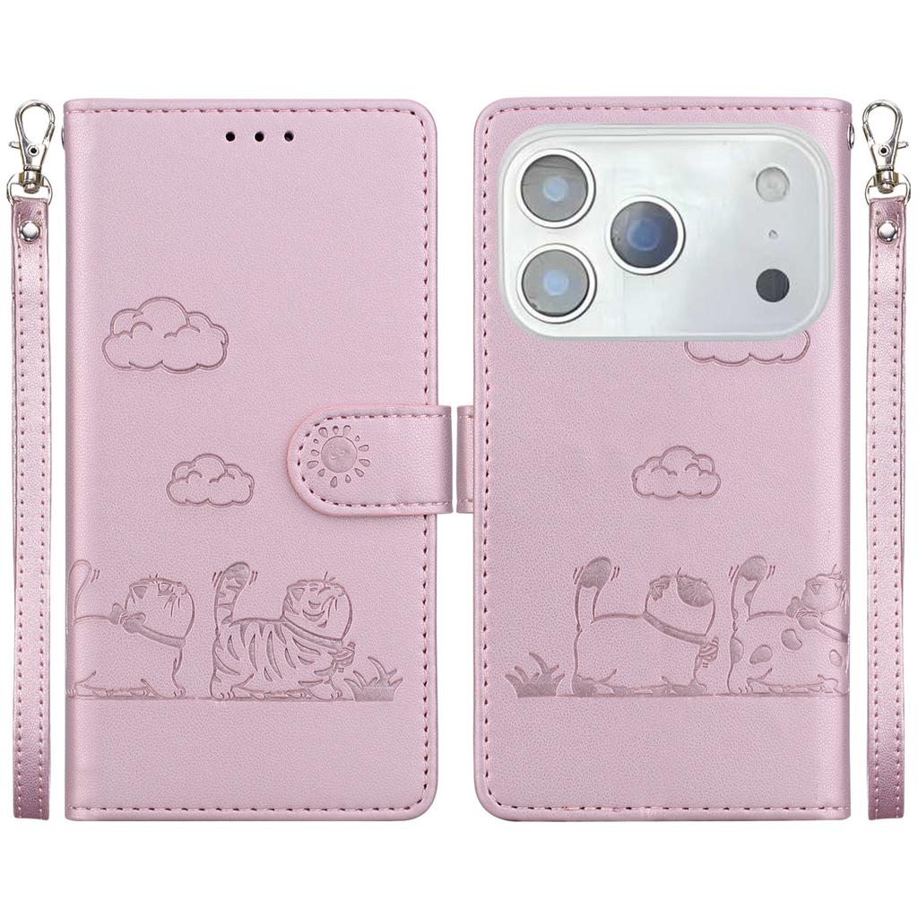 For iPhone 17 Pro Max Case RFID Blocking Kitten Pattern TPU+PU Leather Phone Cover with Wrist Strap