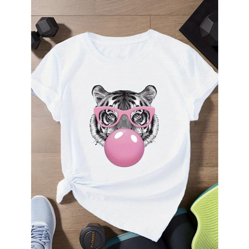 

Европейский размер Тигр в розовых очках Женская спортивная футболка с коротким рукавом Большого размера S белый