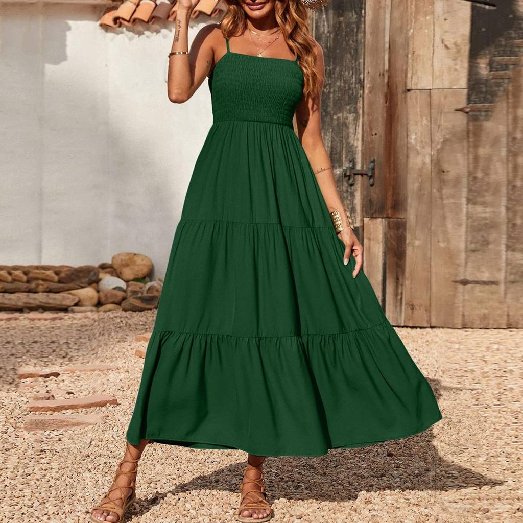 Strapless Dress For Women Solid Color Summer Beach Boho Smocked Tube Top Straps Swing Dress