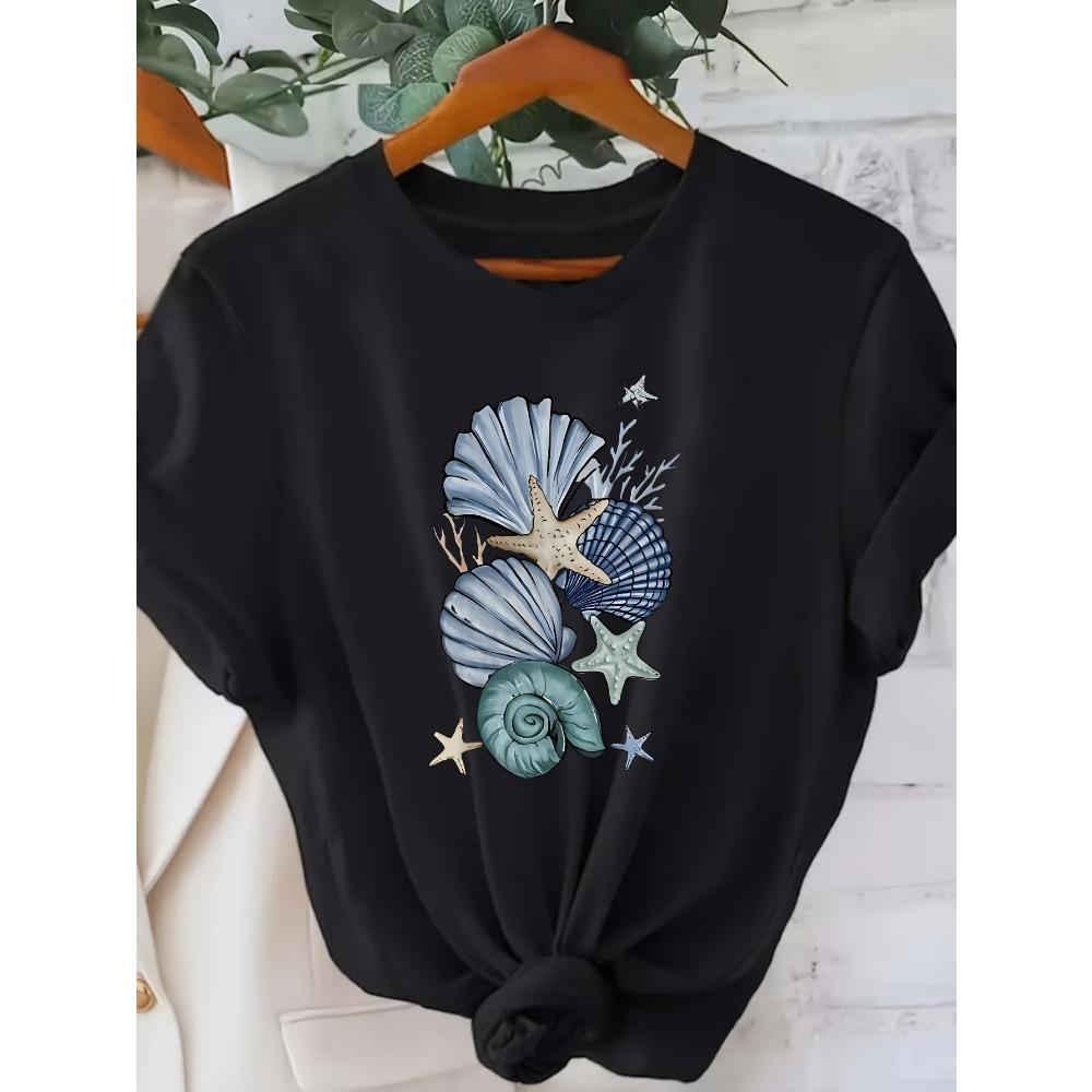 Women's Casual Short Sleeve with Seashell Starfish Graphic Print Harajuku Short Sleeve Casual Women's T-shirt Summer Clothing