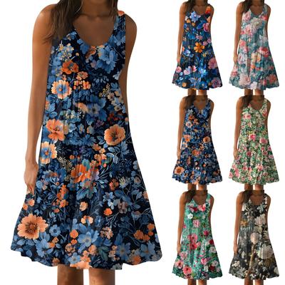 Hawaii-Kleid für Damen, Sommer, Frühling, plissiert, Bohemian-Kleider, süß, ärmellos, fließend, Strand, gerade Tank-Kleider, Rundhals-Kleider