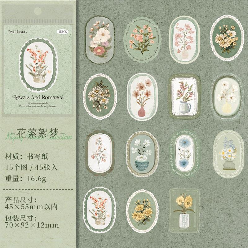 1box/45pcs Vintage Floral Theme Decor Stickers, Art Retro Flower Patterns, DIY Handmade Album Scrapbooking Decorative Paper