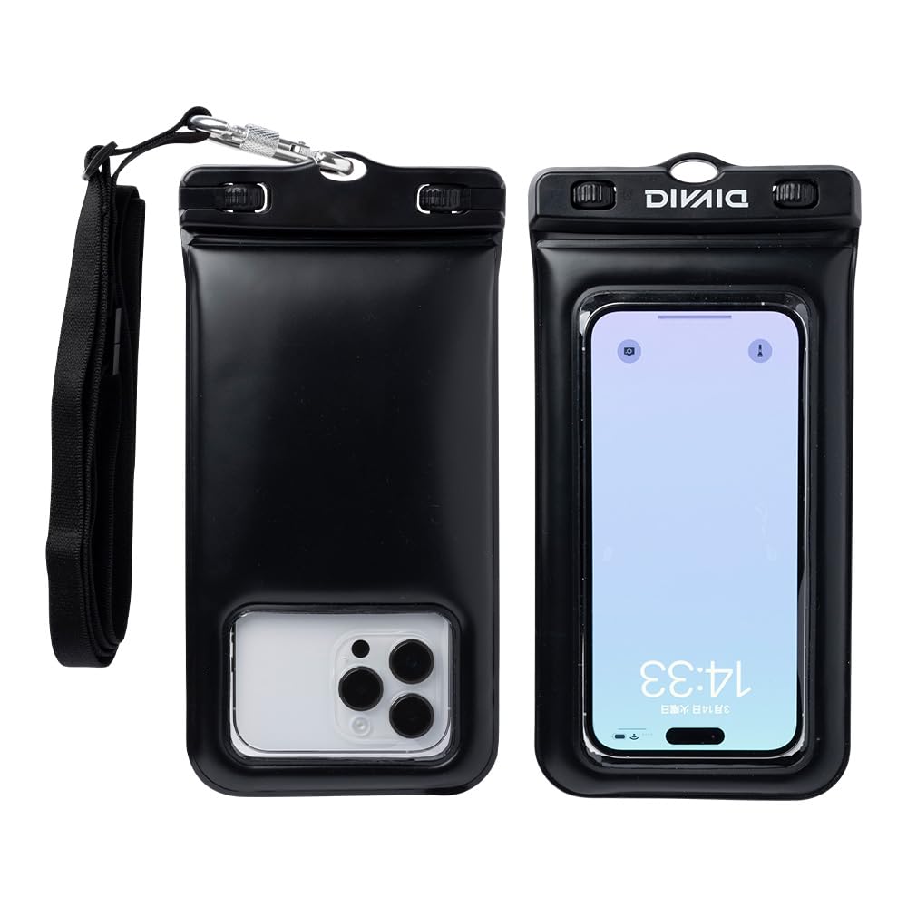DIVAID Waterproof Case for IP68 with Shoulder Strap and Compatible with and Various Wide-Size Smartphones, Rated, (Black) [Waterproof Dustproof,